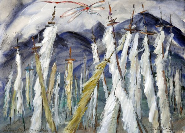 Red Dragonfly on Prayerflag 