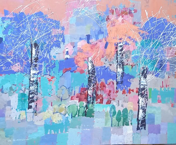 Flache Landschaft mit blauem Turm 